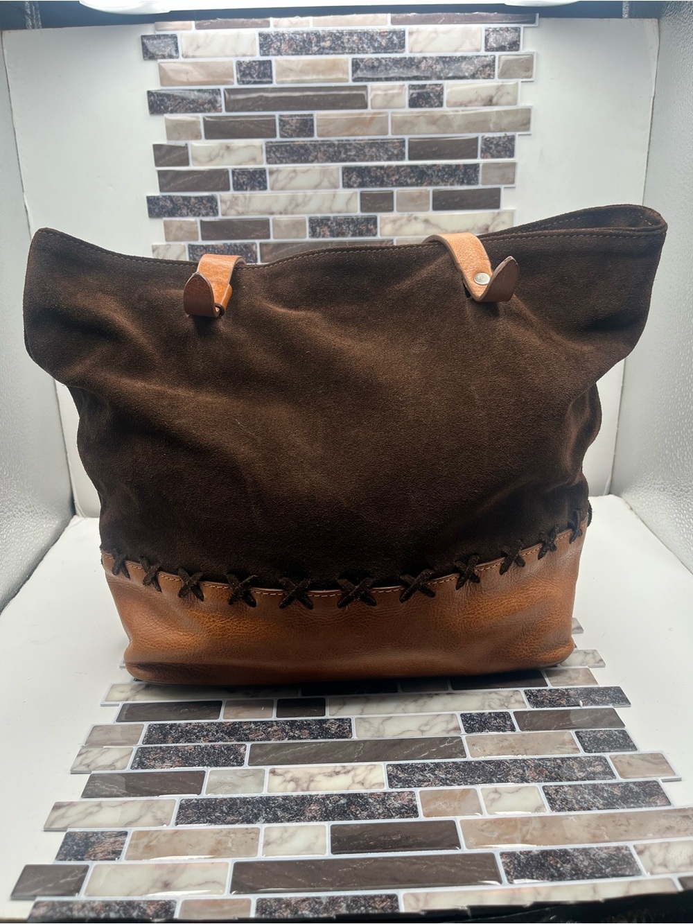 Sundance Two-Tone Suede & Leather Tote Bag in Brown and Tan